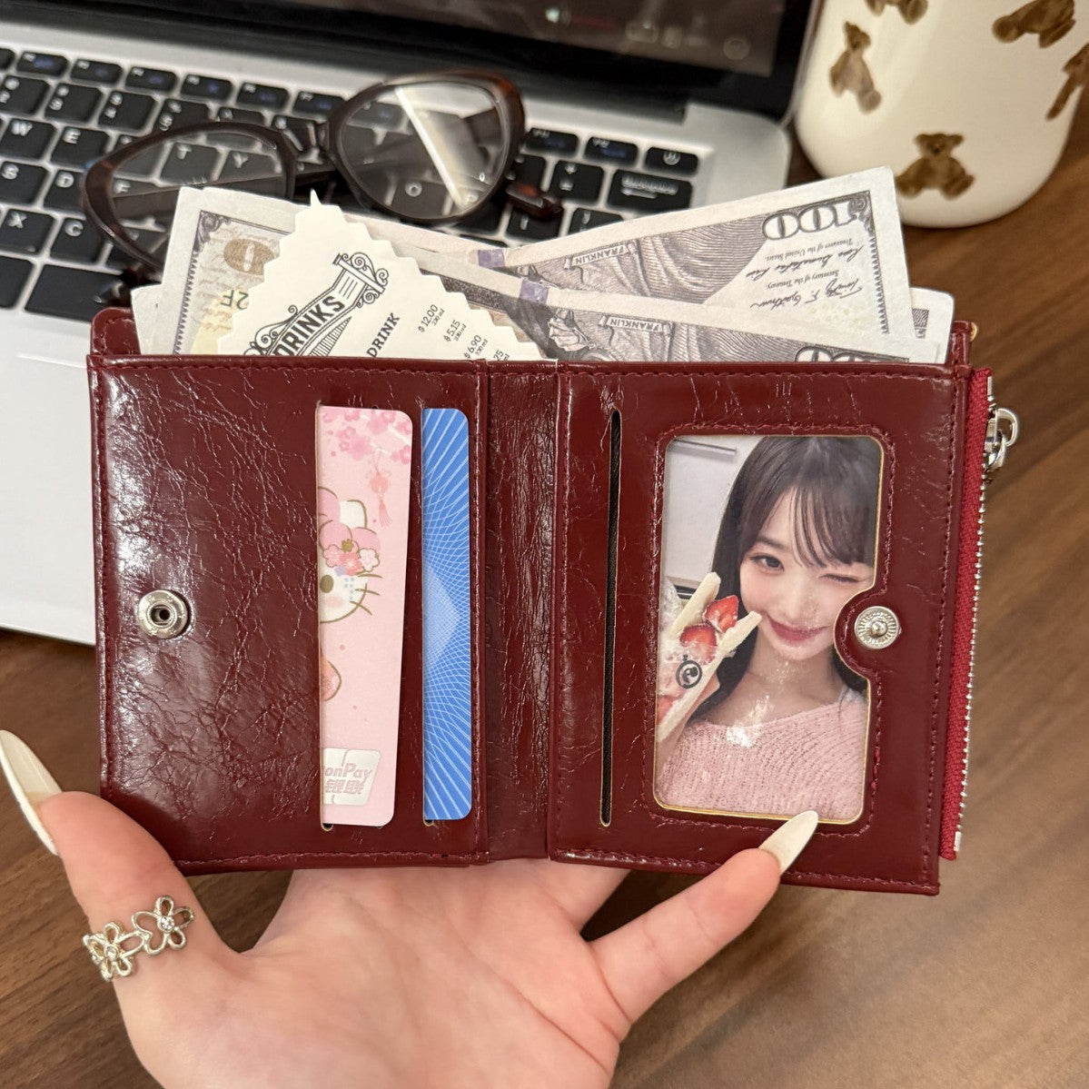 Retro Oil Wax Skin Red Short Wallet Female Multi-Card-Slot Card Holder Student Zipper Multifunctional Wallet