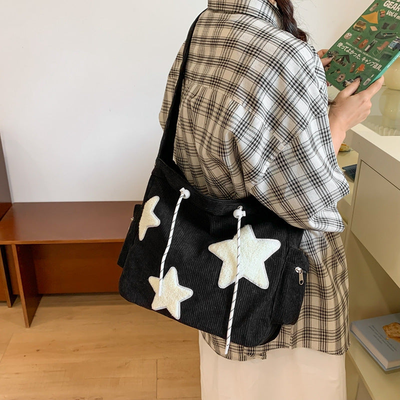 Cute Star-Embellished Corduroy Tote Bag for Women, Casual Daily Shoulder Bag with Zipper Pocket and Soft Design