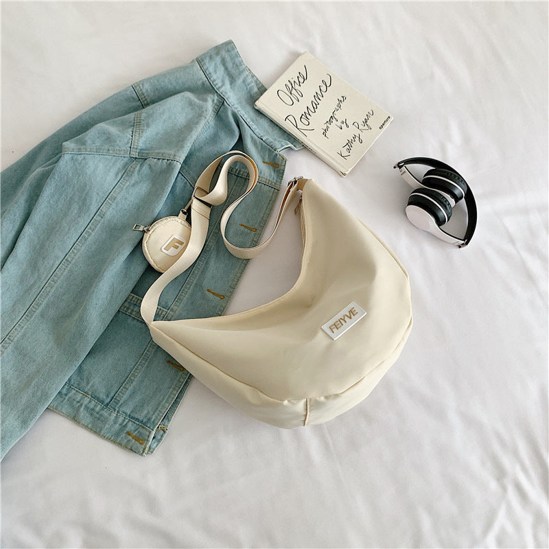 Casual Nylon Moon Bag with Letter Logo, Soft Crossbody Sling for Daily Commute and School