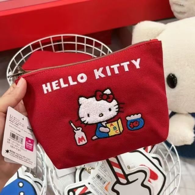 Sanrio Cat Embroidered Canvas Women's Storage Bag with Bones Pendant Zipper Cute Cartoon Design Daily Practical