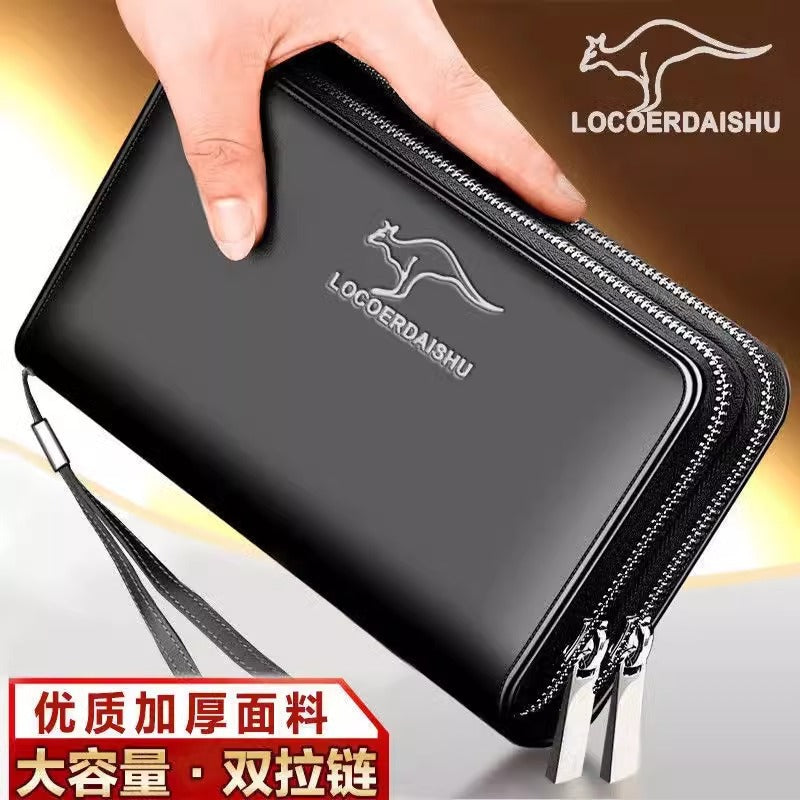Stylish Men's Long Wallet with Multiple Card Slots, Waterproof PU Leather, Zipper Closure and Wrist Strap for Business Travel