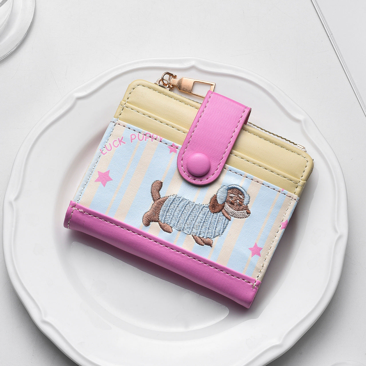 Cute Dachshund Print Wallet with Stripes and Stars, Fashionable Compact Card Holder for Women