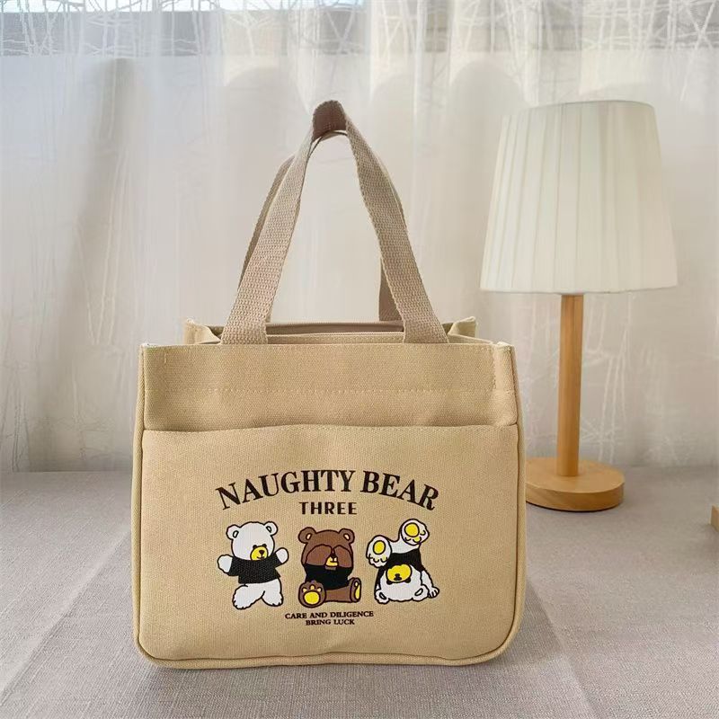 Naughty Bear Three Cute Cartoon Print Canvas Lunch Bag with Zipper Closure and Multiple Inner Pockets for Daily Use