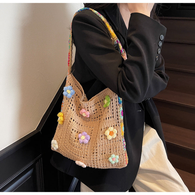 Large Capacity Commuter High-Grade Flower Tote Bag for Women New Spring and Summer Hollow out Knitted Bag Shoulder Woven Bag