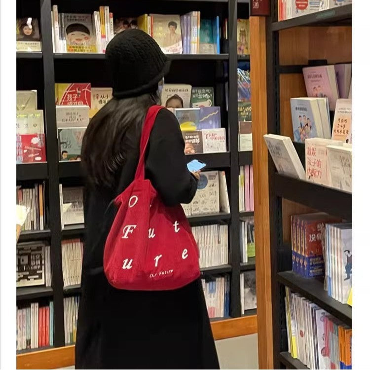 Vintage Corduroy Tote Bag with Embroidered 'Our Future' Design, Stylish Everyday Shoulder Bag for Women