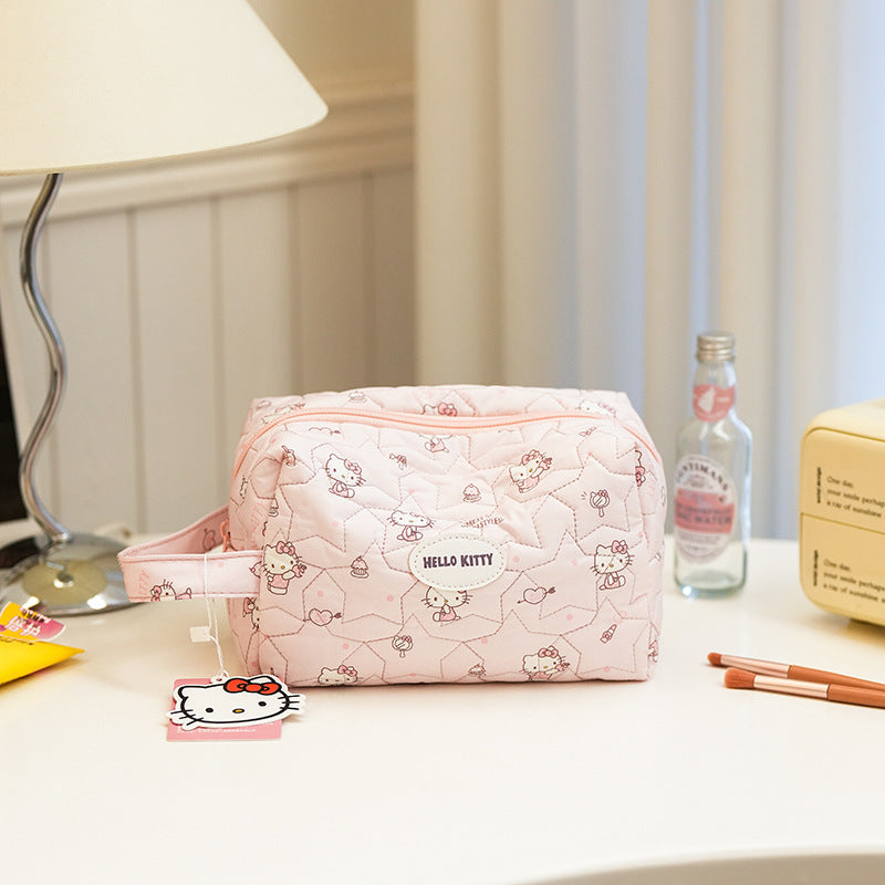 Cute Hello Kitty Quilted Cosmetic Bag with Cloud Design, Portable Travel Makeup Organizer for Women and Girls