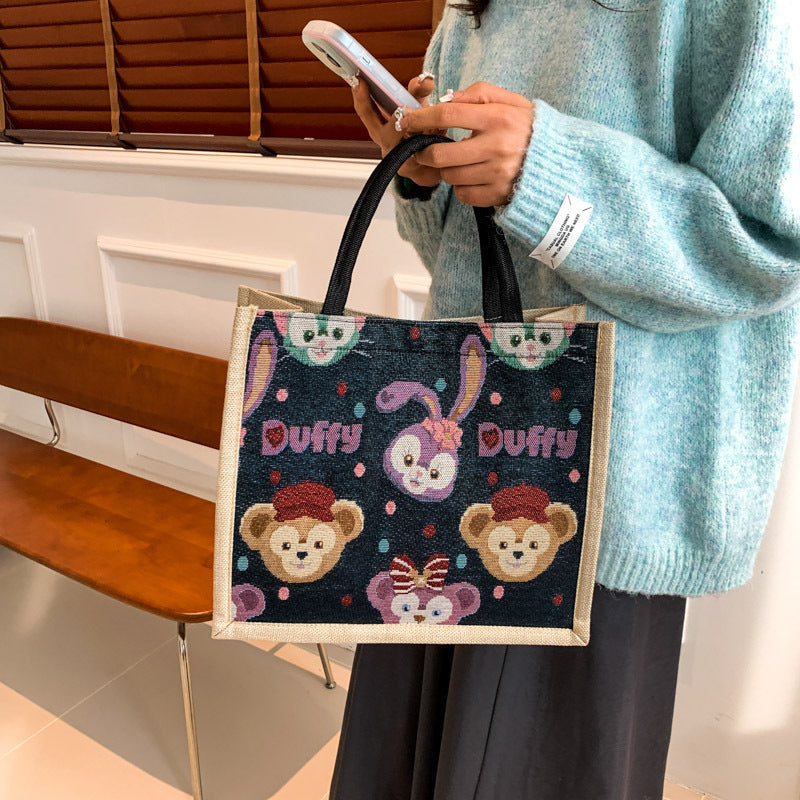 Cute Printed Cotton and Linen Women's Handbag with Duffy Character Pattern Large Capacity Buggy Bag