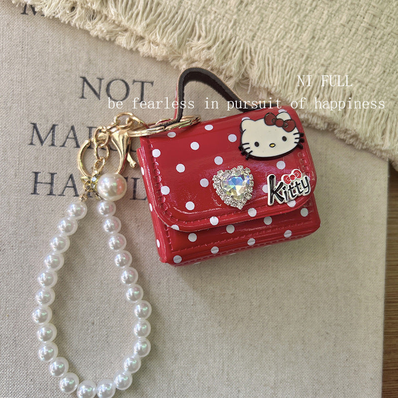 Korean Style New Retro Dots Cartoon Cat Lipstick Pack Pearl Exquisite High Sense Versatile Pendant Keychain for Women