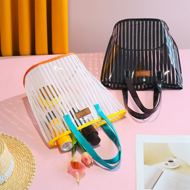 Transparent Foldable Cosmetic Bag with Stripes - Waterproof & Portable Storage for Makeup and Toiletries