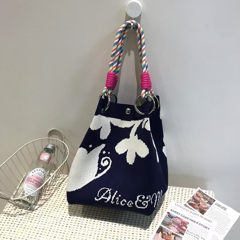 Black and White Rhombus Knitted Tote Bag Women's Casual Versatile Large Capacity Messenger Bag Handbag