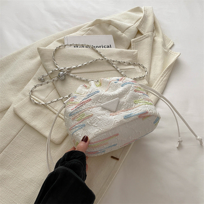 New Chinese Style Rainbow Striped Embroidered Bucket Bag New Summer Rhombus Chain Indentation Shoulder Crossbody Lucky Bag