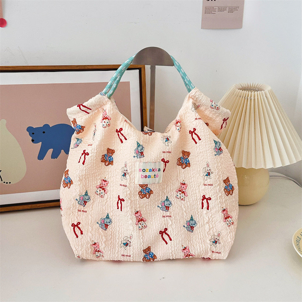 Korean Cartoon Embossed Canvas Bag Women's Large Capacity Canvas Bag Portable Beach Vacation Handbag