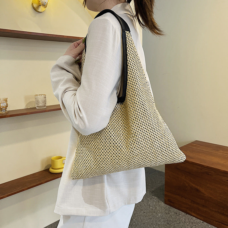 Fashion Straw Tote Bag Women's Large Capacity Hollow Design Casual Beach Shoulder Bag