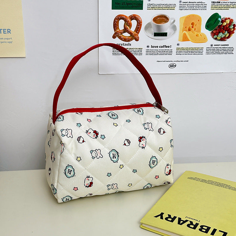 Cute Quilted Cosmetic Bag with Cartoon Print, Portable Travel Toiletry Organizer for Women