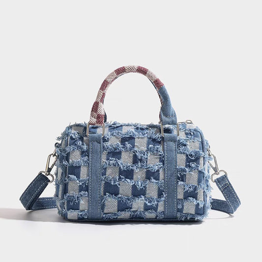2026 New Checkerboard Denim Tote Bag with Frayed Edges and Crossbody Strap, Urban Minimalist Style