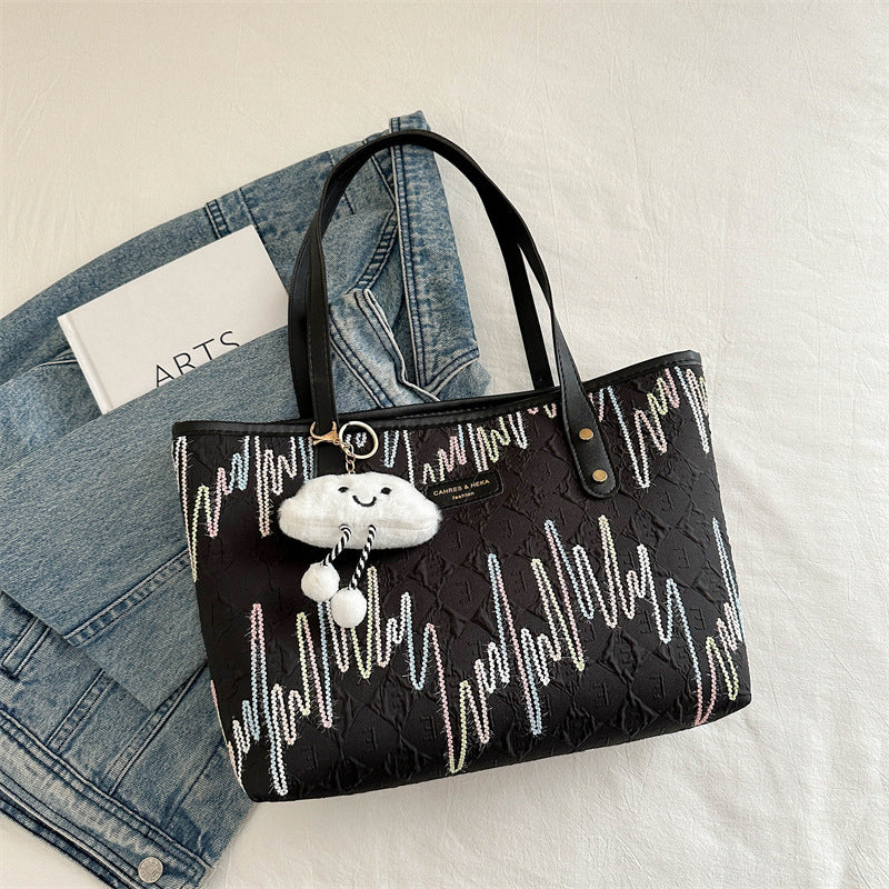 Leisure Commute Large Capacity Bag Women's New Fashion Shoulder Striped Embroidered Tote Bag