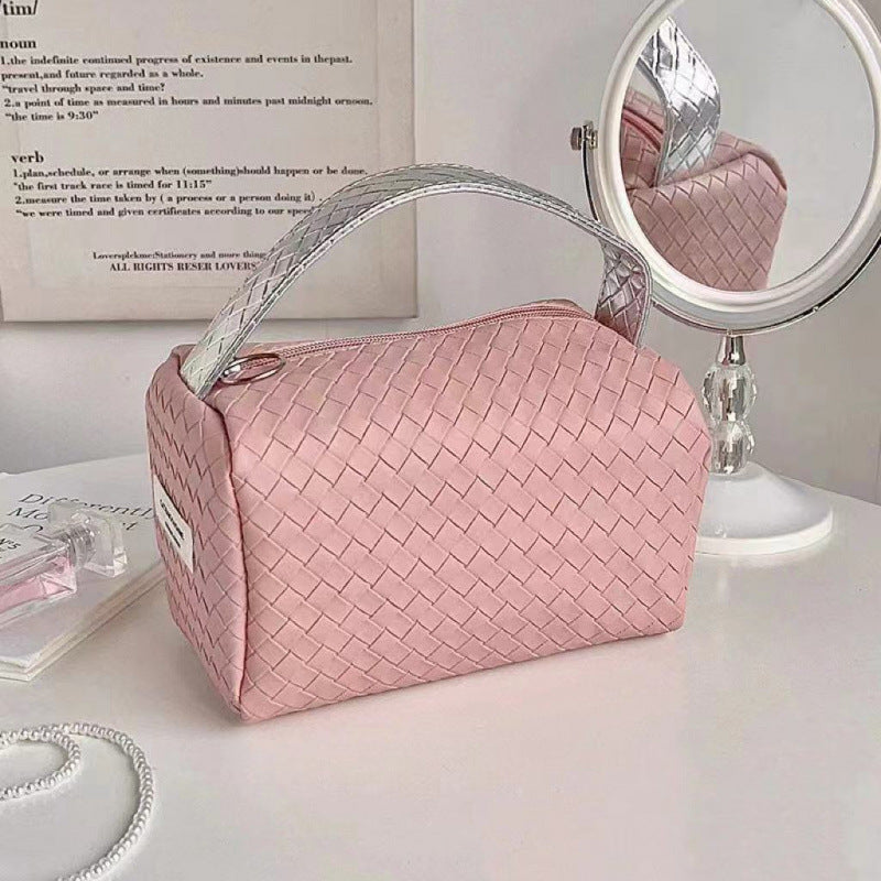 2023 New Weaved Texture Handheld Cosmetic Bag with Silver Accents, Portable Makeup Organizer for Daily Use
