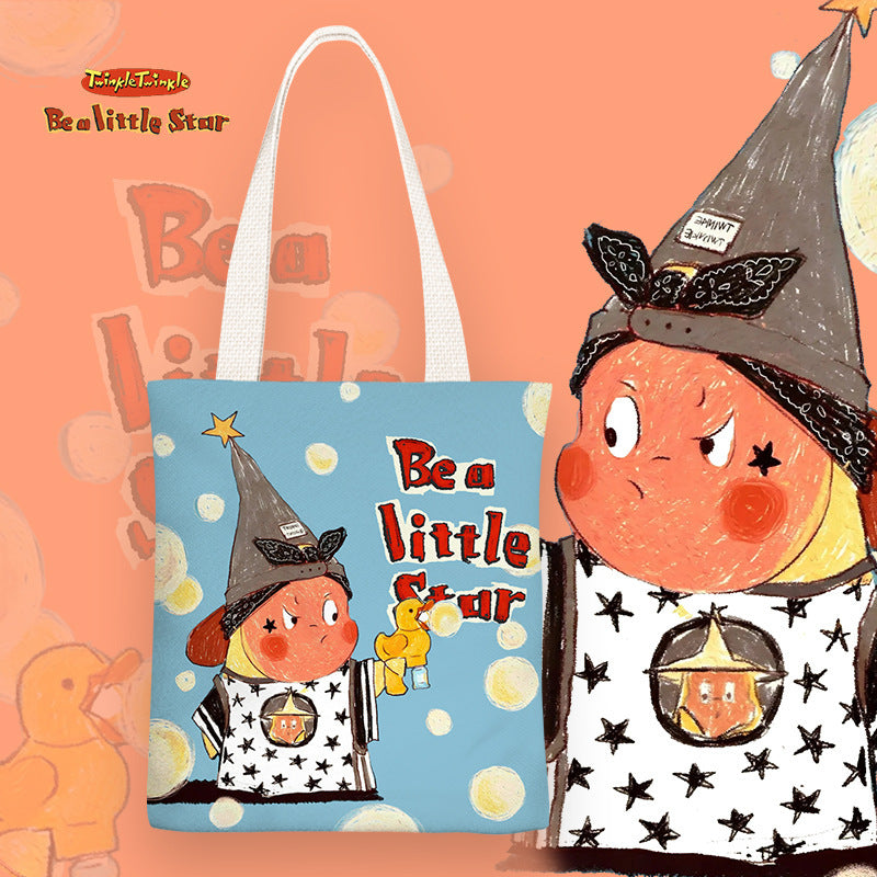 XINGX person cartoon cute children's canvas bag junior high school and elementary school students' lunch box bag zipper shoulder bag