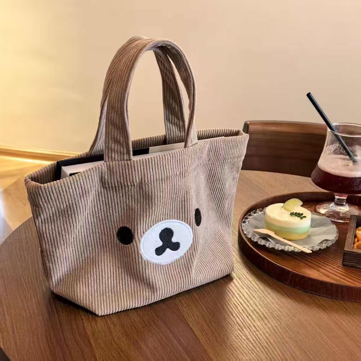 Cute Bear Face Corduroy Tote Bag with Embroidery Design, Soft and Large Capacity for Daily Use
