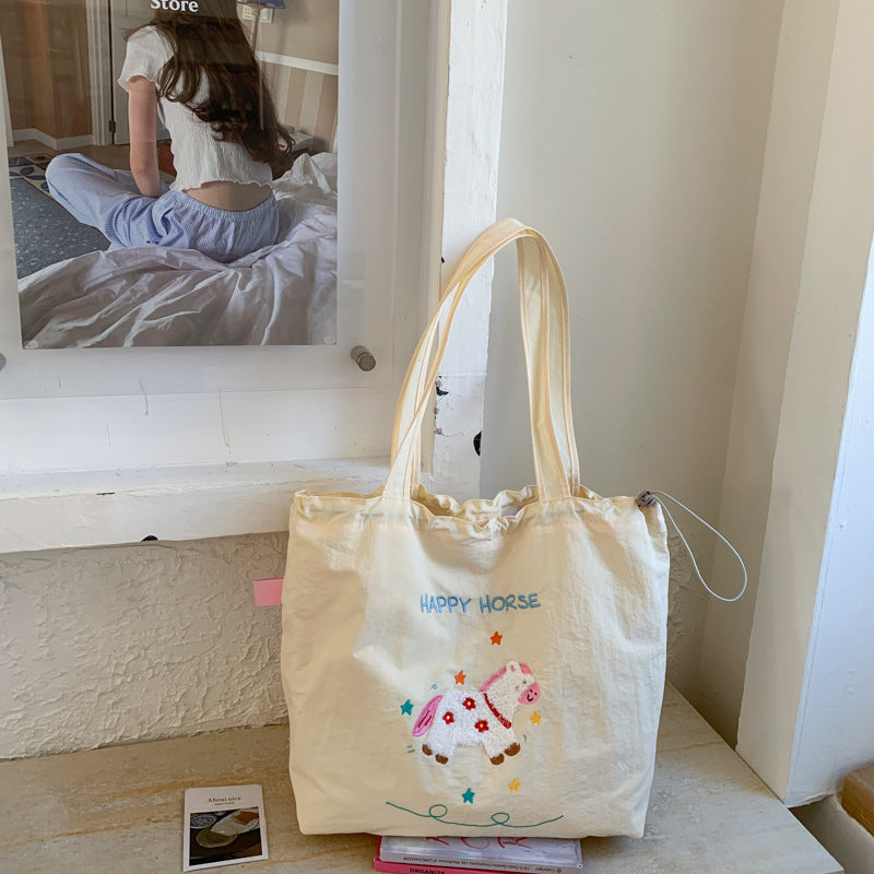 Cute Embroidered Puppy Tote Bag for Women, Large Capacity Shoulder Bag with Drawstring Closure, Perfect for Daily Commute and School