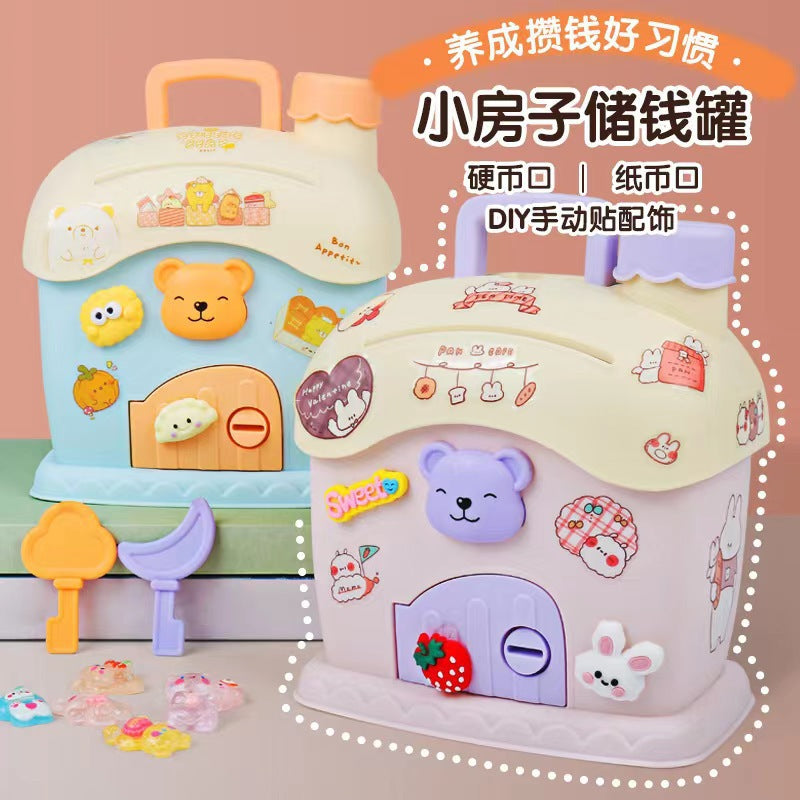 Cute Cartoon Bear House Money Bank with Key and Stickers for Kids - Creative Piggy Bank for Boys and Girls