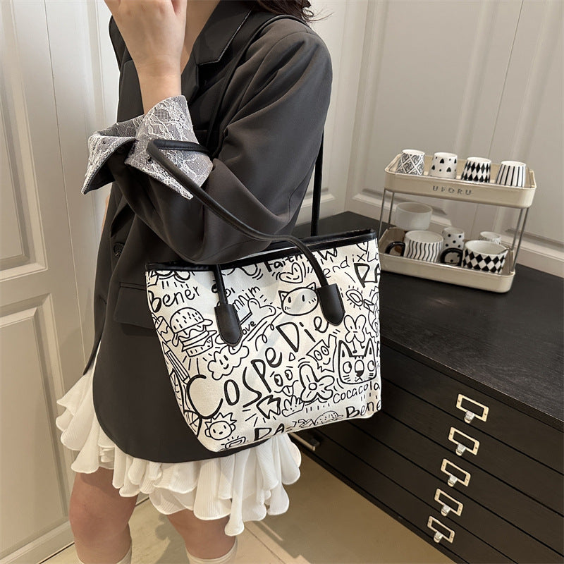 Graffiti Canvas Bag Women's New Casual Shoulder Bag Versatile Large Capacity Commuter Tote