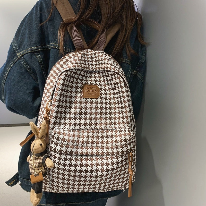 Stylish Houndstooth Backpack for Women - Lightweight, Durable & Spacious Design with Cute Rabbit Charm