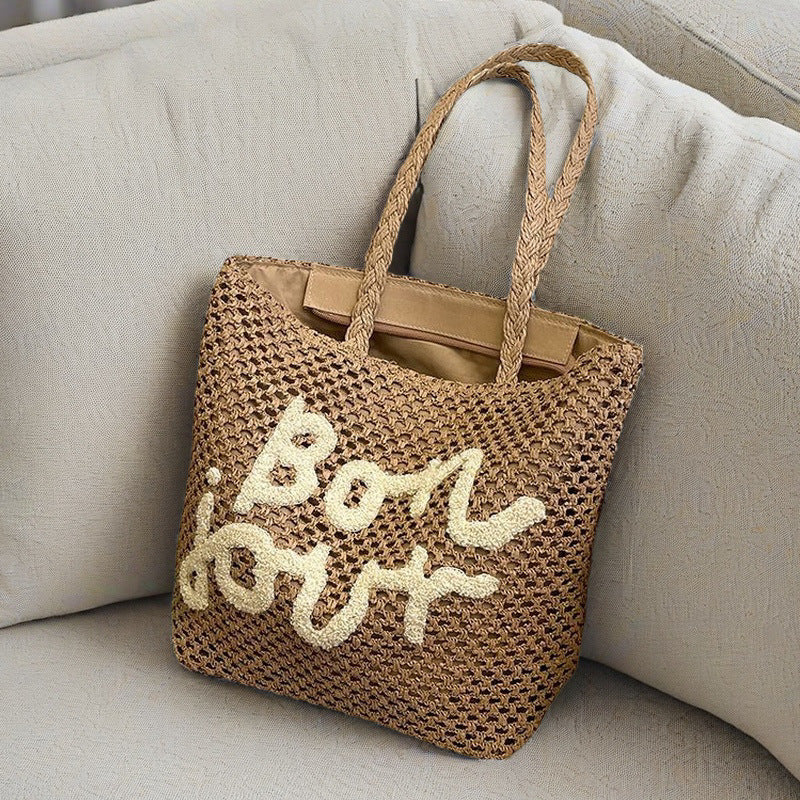 2025 New Letter Embroidery Woven Tote Bag Fashionable Shoulder Straw Bag Large Capacity Casual Beach Style
