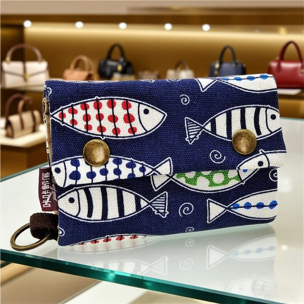 Creative Cartoon Printing Tri-Fold Denim Canvas Wallet Simple Canvas Card Holder Key Case for Both Men and Women