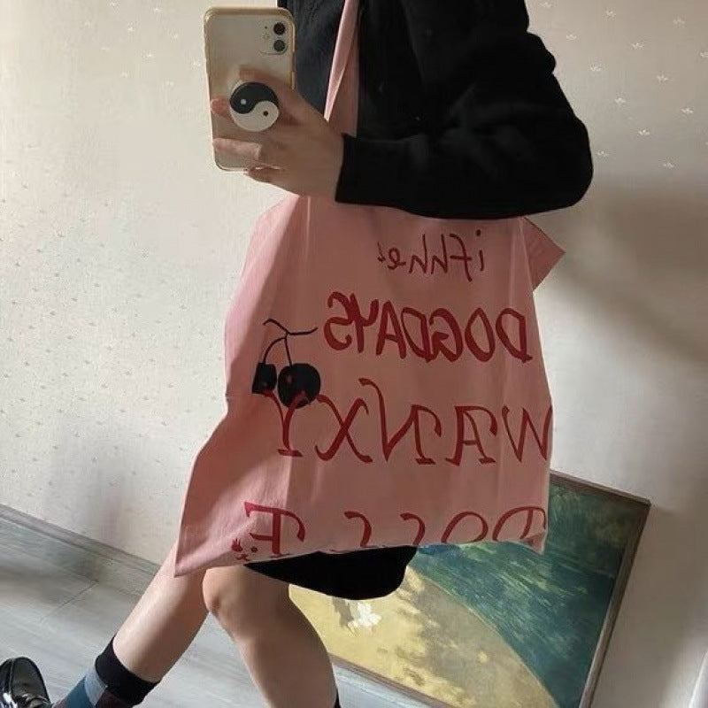 Casual Style Printed Letter Tote Bag for Women, Large Capacity Canvas Shoulder Bag, Perfect for School and Commuting
