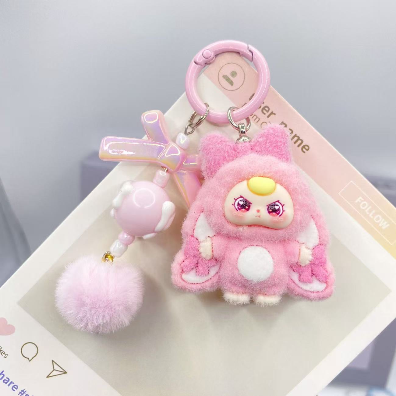 Cute Cartoon Plush Keychain with Pom-Pom and Charm - Perfect Gift for Kids and Girls