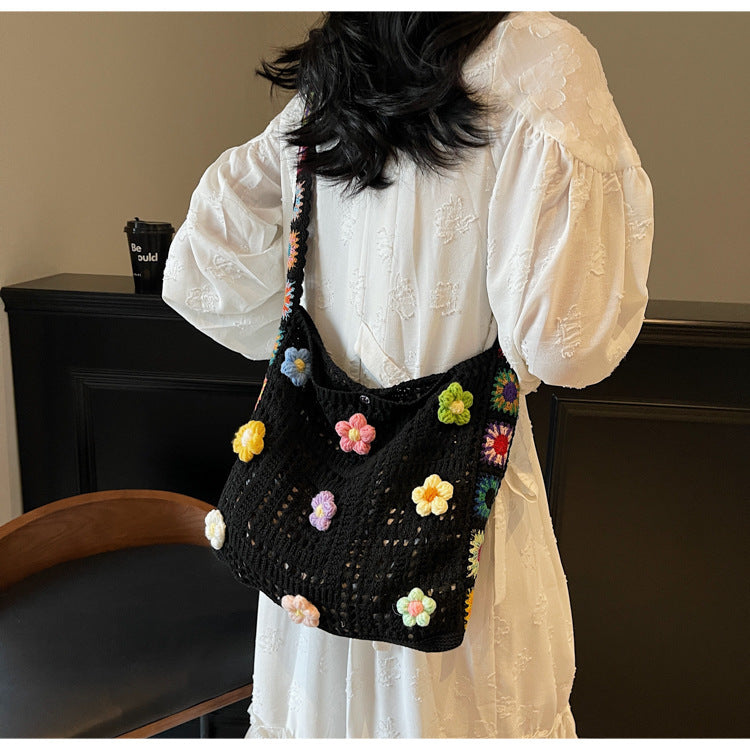 Large Capacity Commuter High-Grade Flower Tote Bag for Women New Spring and Summer Hollow out Knitted Bag Shoulder Woven Bag
