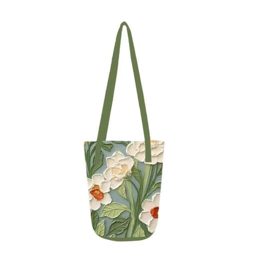 Oxford Cloth Three-Dimensional Bucket Bag Women's Summer Oil Painting Flower Versatile Large Capacity Shoulder Bag