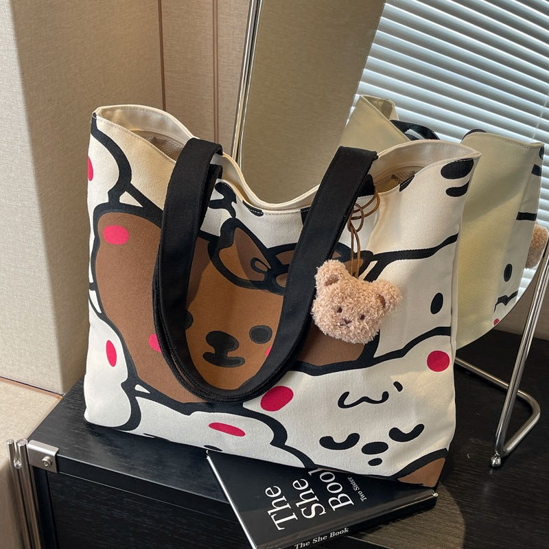 Cute Bear Print Tote Bag with Pom-Pom Charm, Large Capacity Canvas Shoulder Bag for Daily Use and School