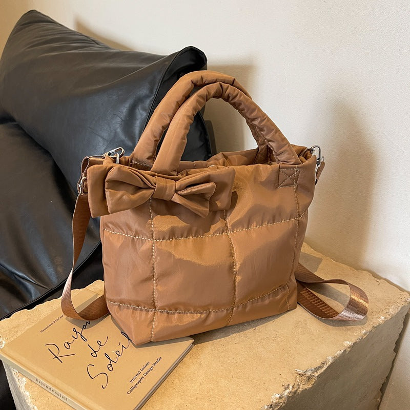 Women's Shoulder Bag Large Capacity Rhombus Solid Color Minimalist Bowknot New Astronaut Bag Cotton Jacket Bag