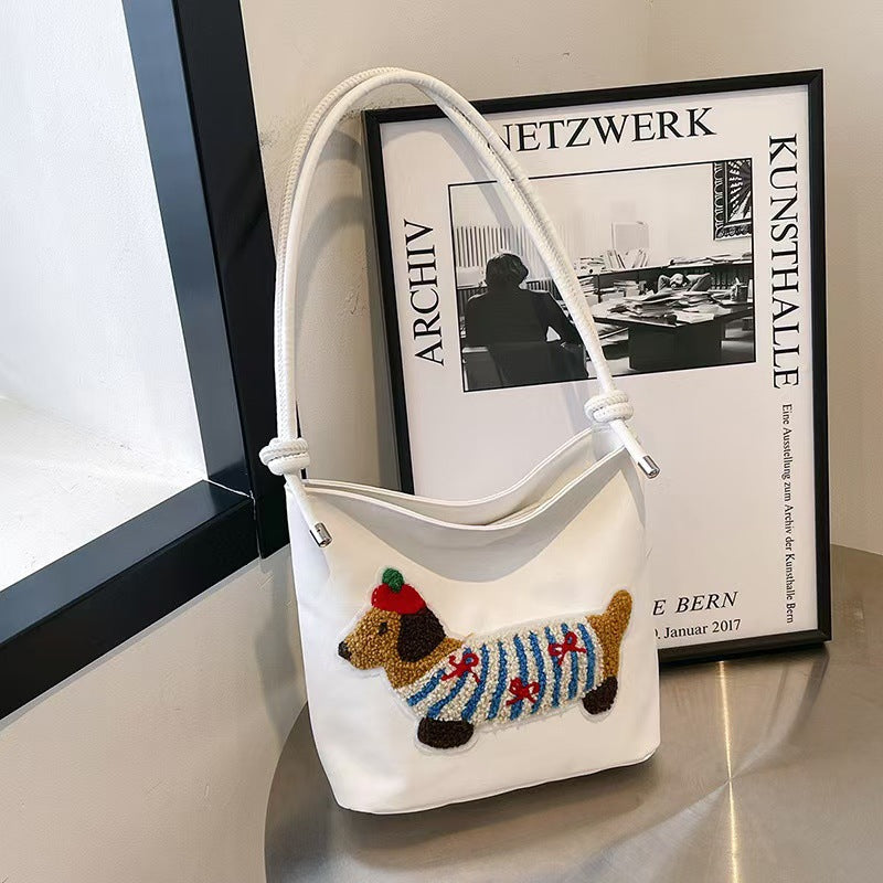 Women's Shoulder Bag Cute Sausage Dog Embroidered Shoulder Bag Knitted Style Design Daily Casual Trend Crossbody Bag