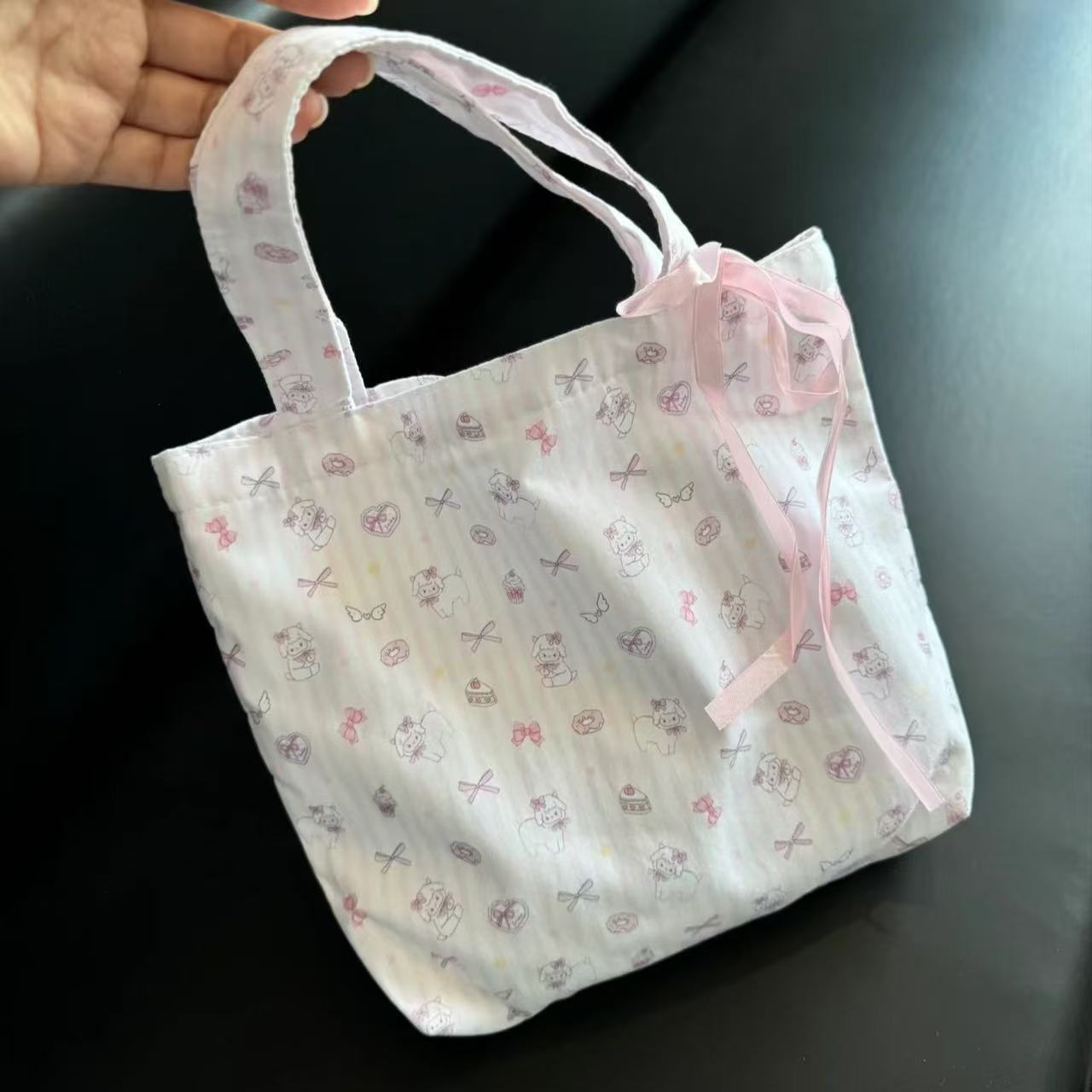 Cute Cartoon Print Tote Bag with Ribbon Bow, Large Capacity Casual Shoulder Bag for Daily Use