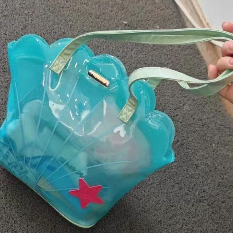 Summer Transparent Shell Tote Bag with Starfish Charm, Cute and Fashionable for Daily Outings and Travel