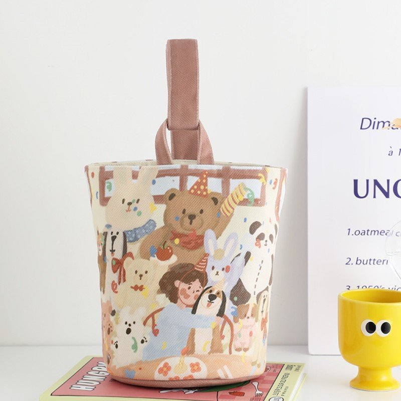 Cute Cartoon Bear Girl Canvas Tote Bag with Vintage Paint Style Print, Magnetic Closure, Perfect for Daily Use and School