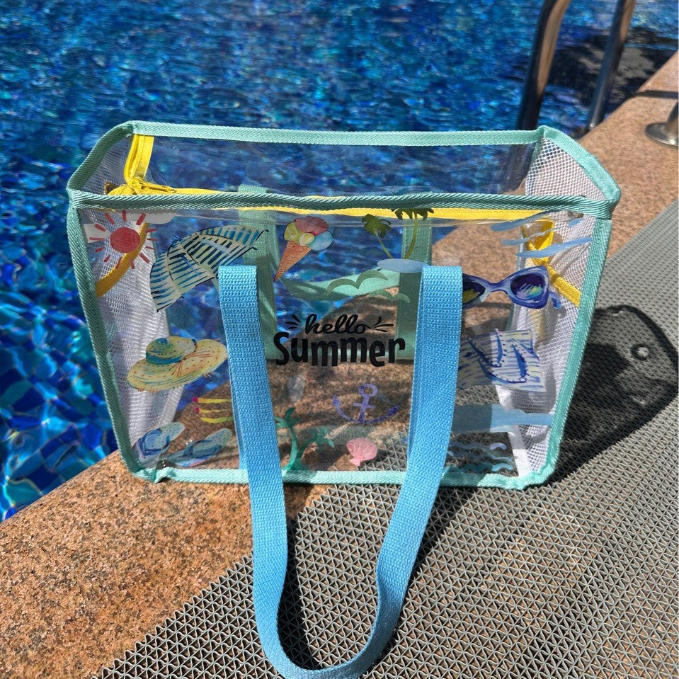 Transparent Waterproof Beach Bag with Summer Print, Large Capacity for Swimwear and Toiletries, Perfect for Pool and Travel
