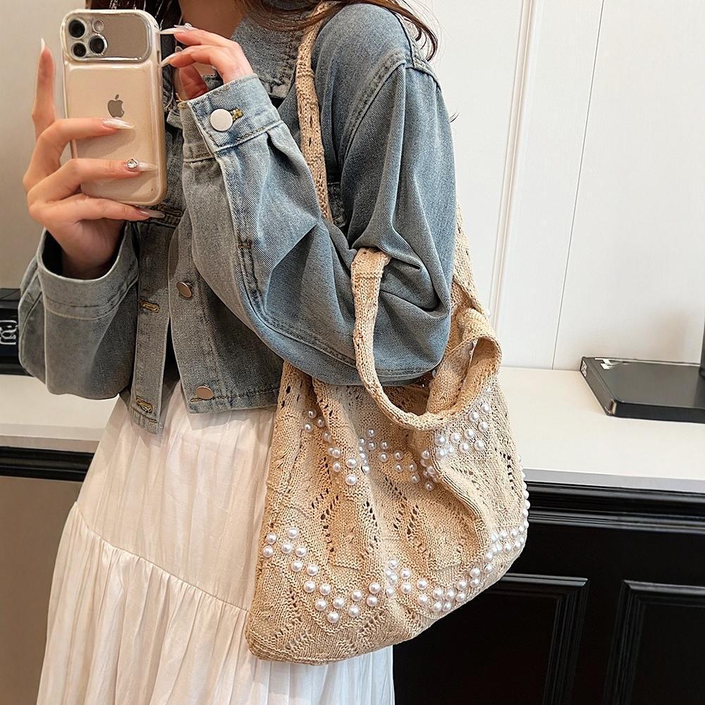 Casual Simple Knitted Bag Women's New Large Capacity Commuter Shoulder Fashion Pearl Tote Bag