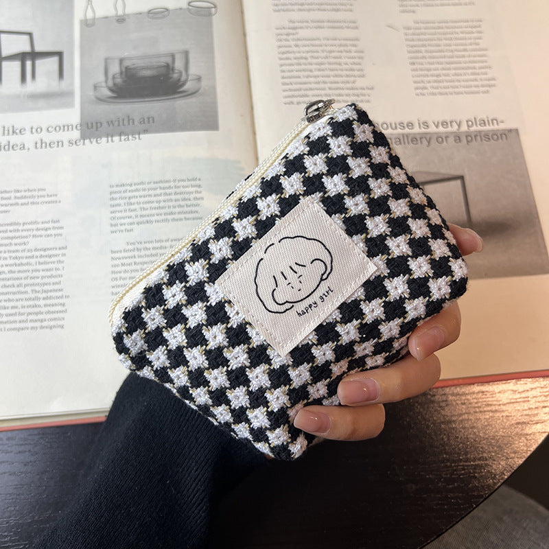 Japanese Style Simple Small Wallet Girls' Woven Plaid Fabric Bag Mini Zipper Coin Pocket