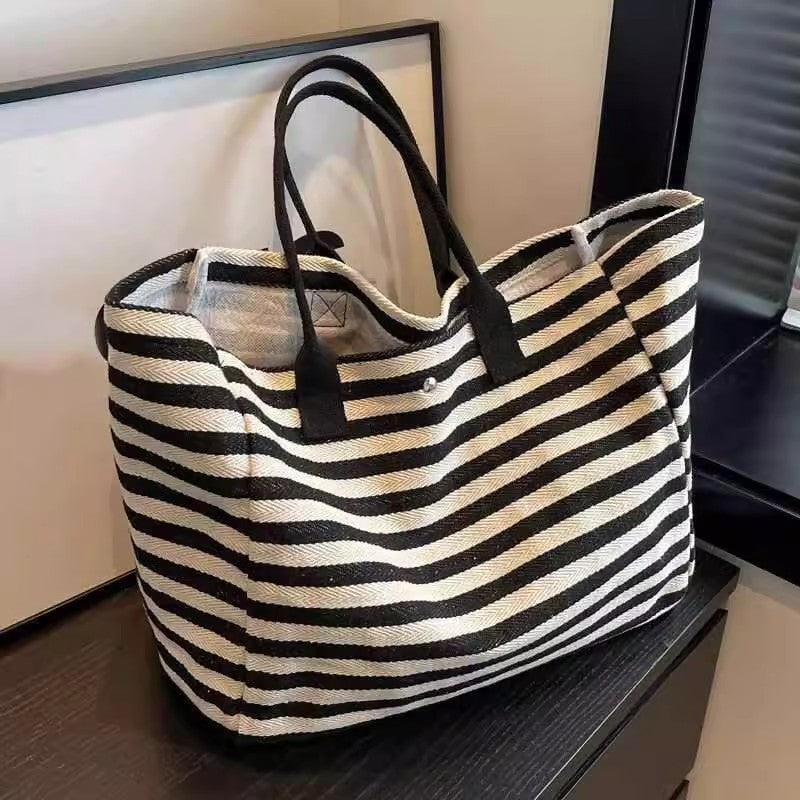 2025 New Striped Canvas Tote Bag for Women, Large Capacity Shoulder Bag with Phone Pocket, Urban Minimalist Style