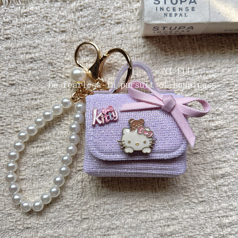Korean Style New Retro Dots Cartoon Cat Lipstick Pack Pearl Exquisite High Sense Versatile Pendant Keychain for Women