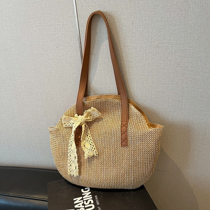 Straw Bag Women's Large Capacity New Summer Solid Color Simple Seaside Holiday Leisure Bag Shoulder Woven Bag