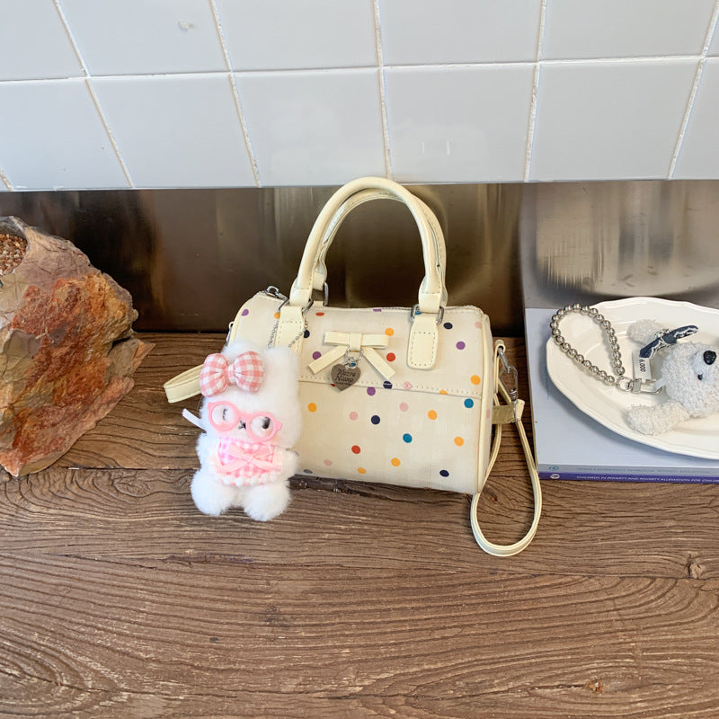 Cute Korean Summer Handbag with Polka Dot Bowknot Design, Soft Cylinder Shape Tote for Daily Use