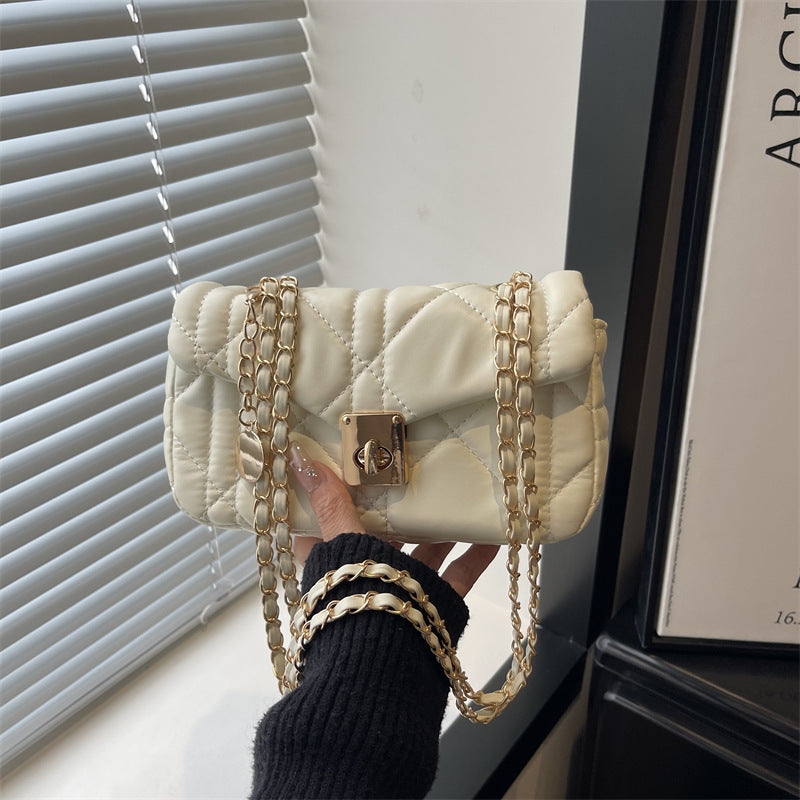 French Oil Wax Leather Women's Spring New Diamond Embroidery Thread Lock Commuter Chain Crossbody Shoulder Small Square Bag