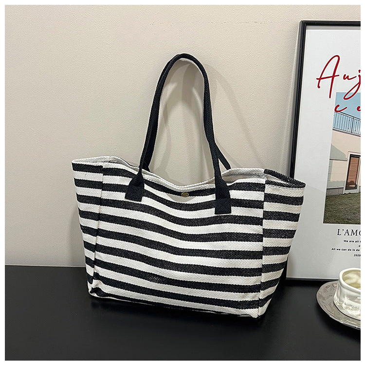 Commuter Canvas Bag Women's Large Capacity New Hand-Carrying Striped One-Shoulder Mummy Tote Bag
