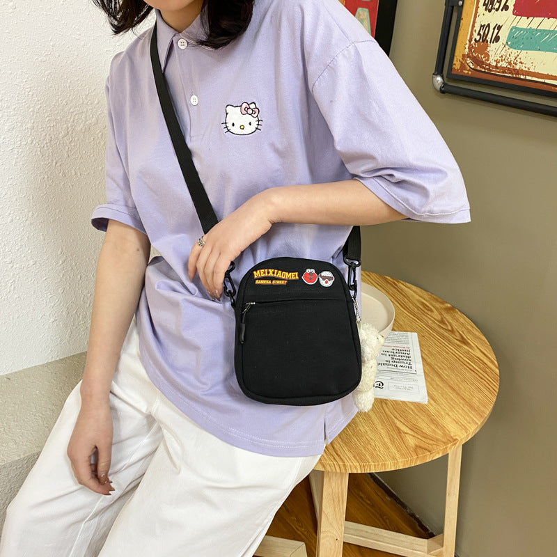 Cute Cartoon Print Canvas Crossbody Bag for Women, Street Style Small Square Bag with Zipper and Phone Pocket