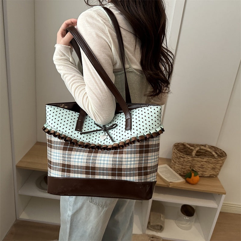 Retro Polka Dot Bow Plaid Tote Bag for Women, Large Capacity Fashionable Shoulder Bag with Elegant Ruffle Design